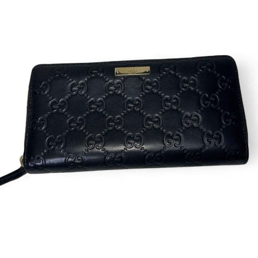 GUCCI Guccissima Leather Zip Around Long Wallet, Black GG Embossed - Picture 2 of 15